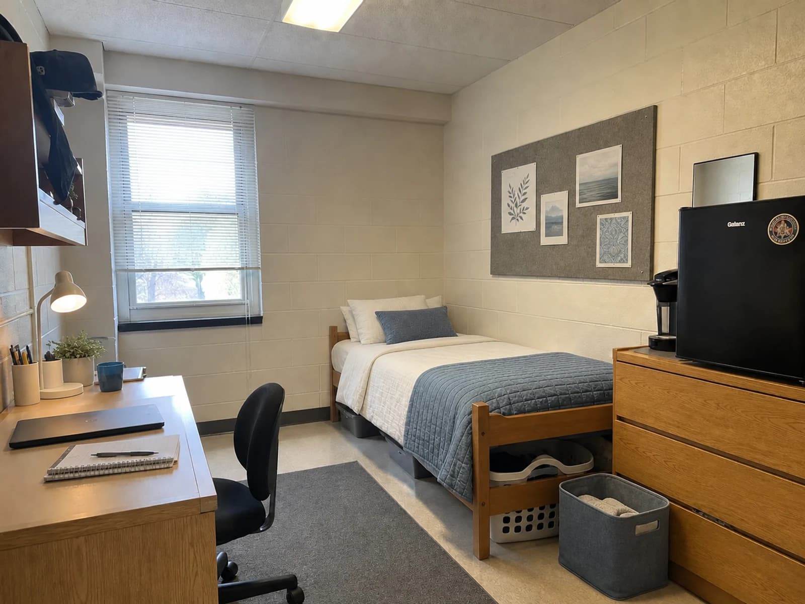 Editorial version of the same dorm in ivory, dusty blue, slate, and natural oak