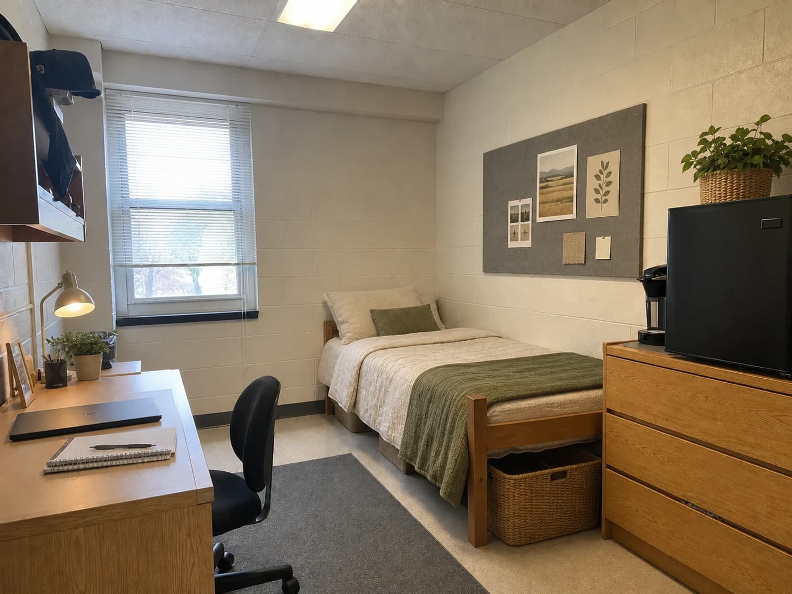 Editorial version of the dorm in warm ivory, oatmeal, muted olive, and charcoal