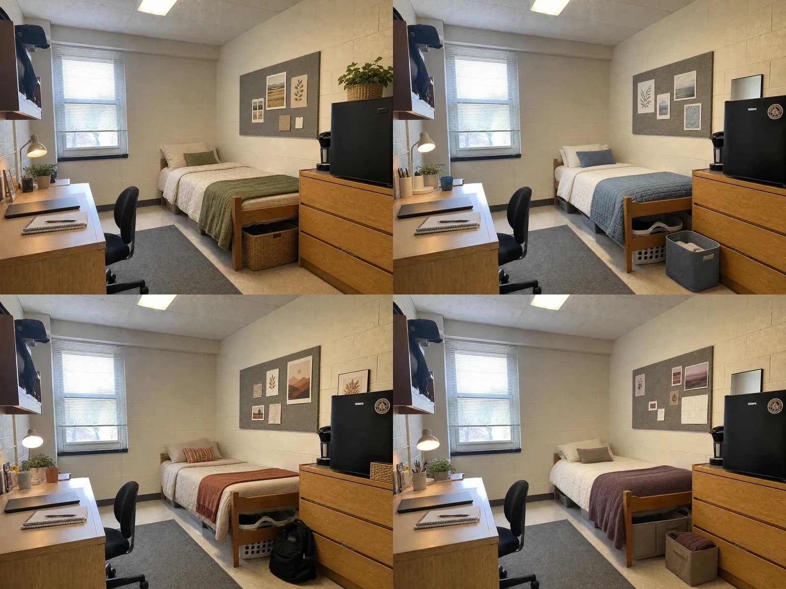 Four editorial color directions for the same dorm room: olive and oatmeal, dusty blue and ivory, terracotta and cream, and plum and mushroom
