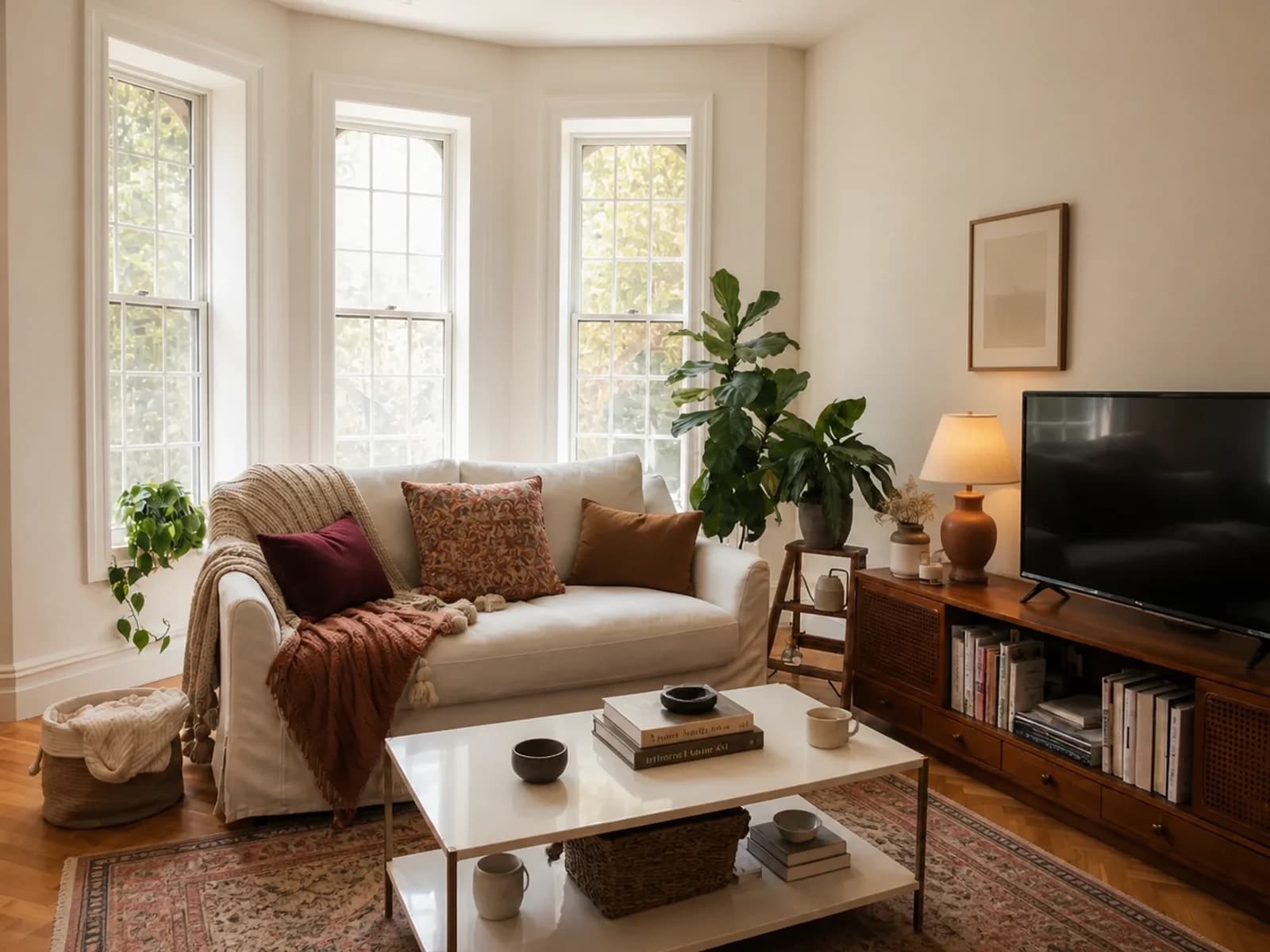 Same white-sofa living room styled with oxblood and terracotta textiles, a patterned rug, and warm lamp