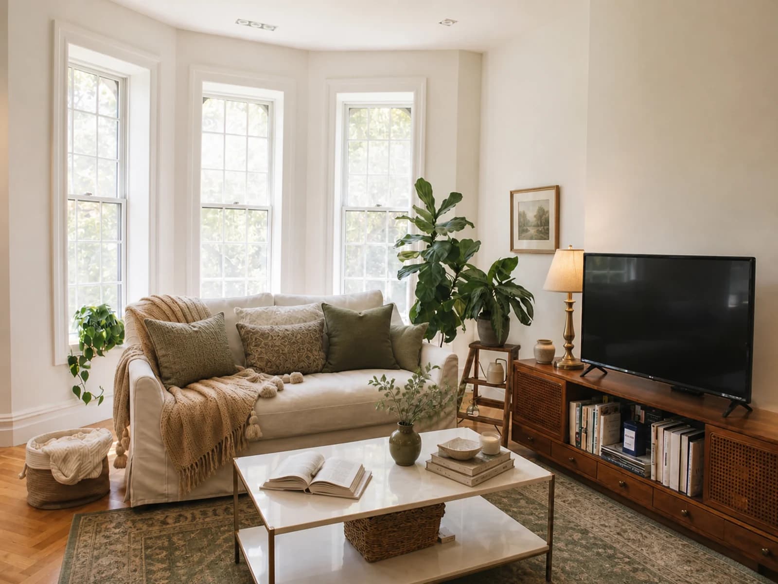 Same white-sofa living room styled with olive pillows, camel throw, aged-brass lamp, and green patterned rug