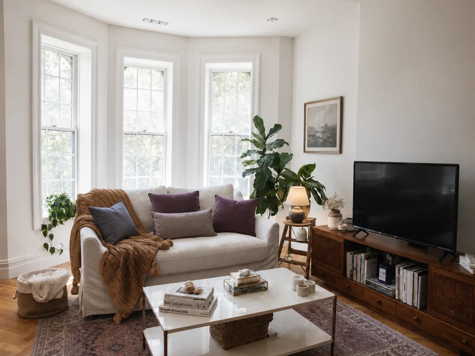 Same white-sofa living room styled with smoky plum pillows, amber throw, warm lamp, and subdued patterned rug