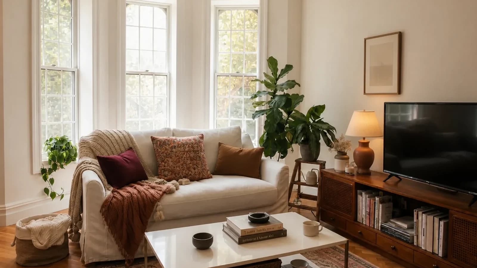 White-sofa living room styled for fall with oxblood pillows, a terracotta throw, warm lamp, and vintage-pattern rug