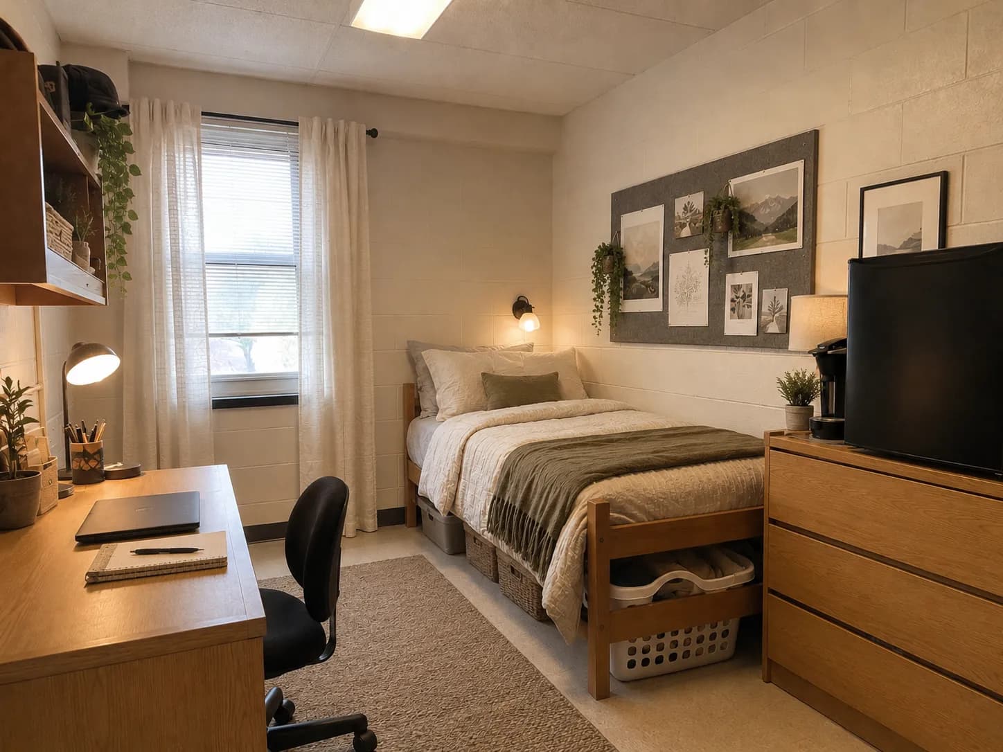 Modern college dorm room with warm bedding, organized storage, layered lighting, and a focused study desk