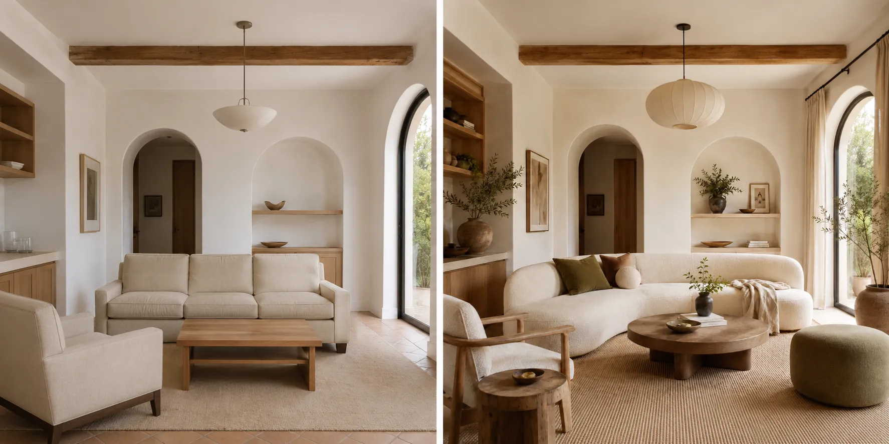 Before-and-after organic modern living room redesign preserving the arched openings, window, wood beam, and original room layout
