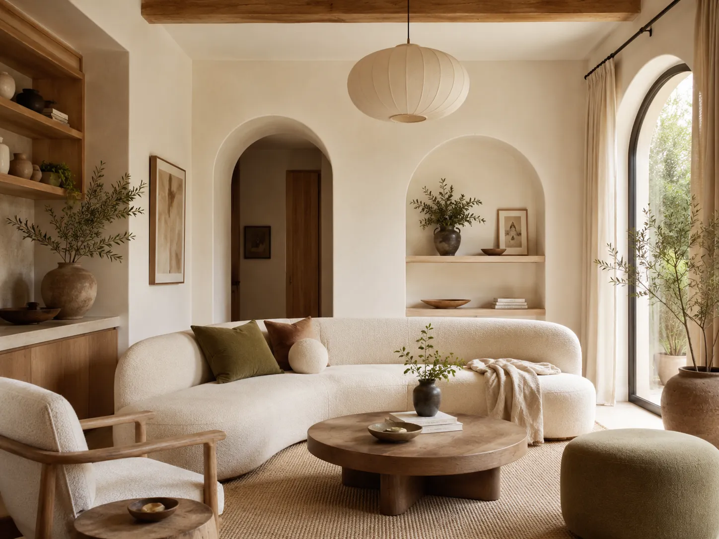 Organic modern living room with a curved cream sofa, natural wood tables, arched openings, linen curtains, and olive accents