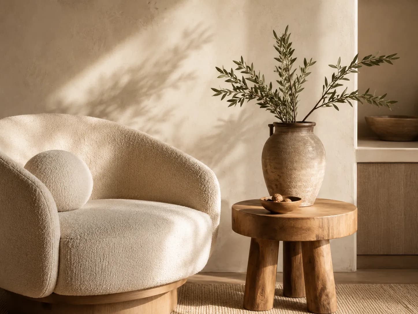 Organic modern detail with a curved cream boucle chair, natural wood side table, aged ceramic vase, and olive branches