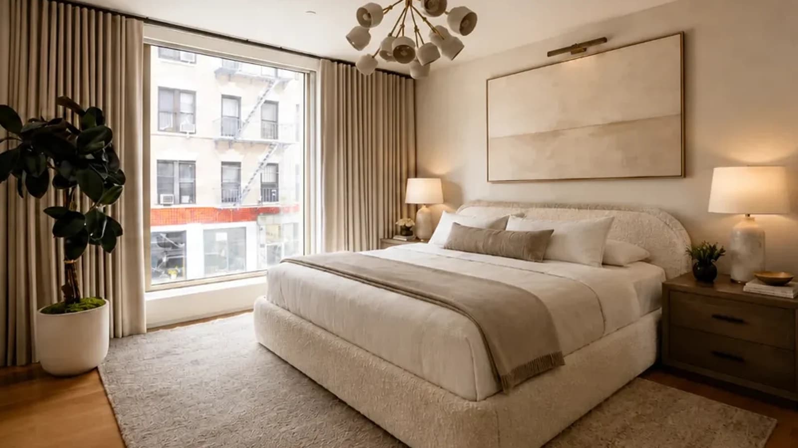 Verified bedroom redesign preview preserving the original ivory upholstered bed