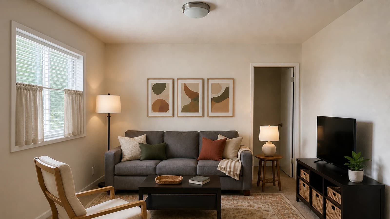 Warm rental living room using a removable rug, café curtains, plug-in lamps, textiles, art, and woven bins