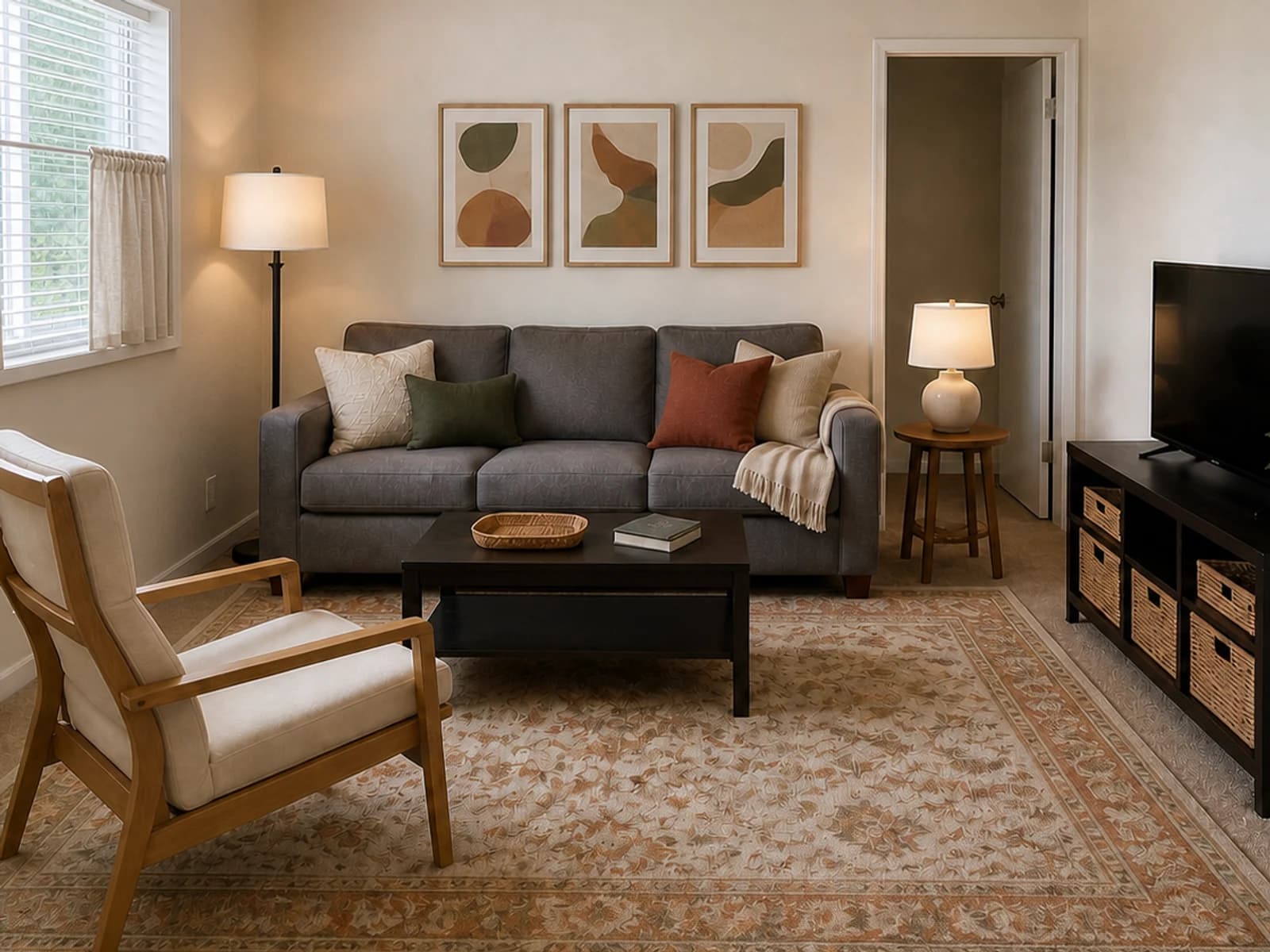 Detail of reversible rental layers including café curtains, lightweight art, sofa textiles, plug-in lamps, rug, and freestanding table