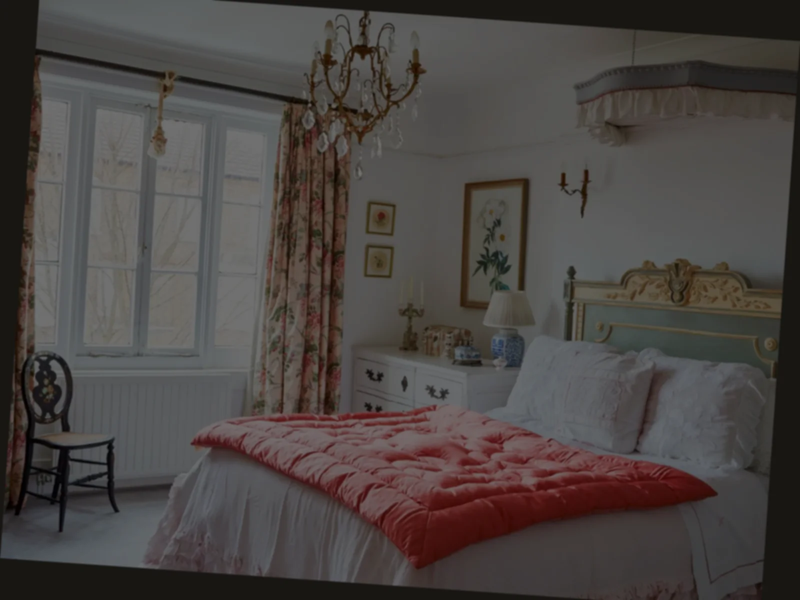 Poor room photo made dark, soft, and tilted so vertical lines lean