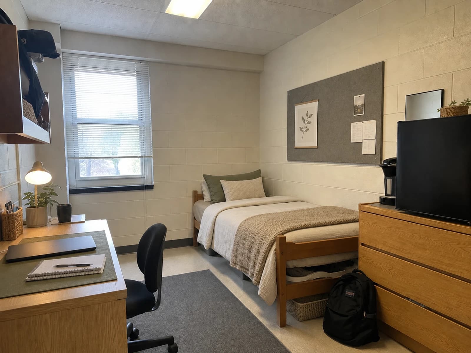 Japandi editorial version of the same dorm with oatmeal bedding, muted olive, minimal botanical art, and clear surfaces