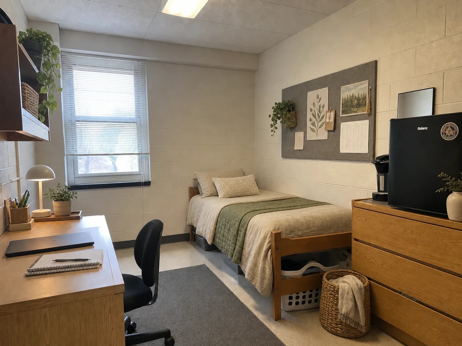 Organic Modern editorial version of the same dorm with warm ivory bedding, olive texture, woven storage, and rounded accessories