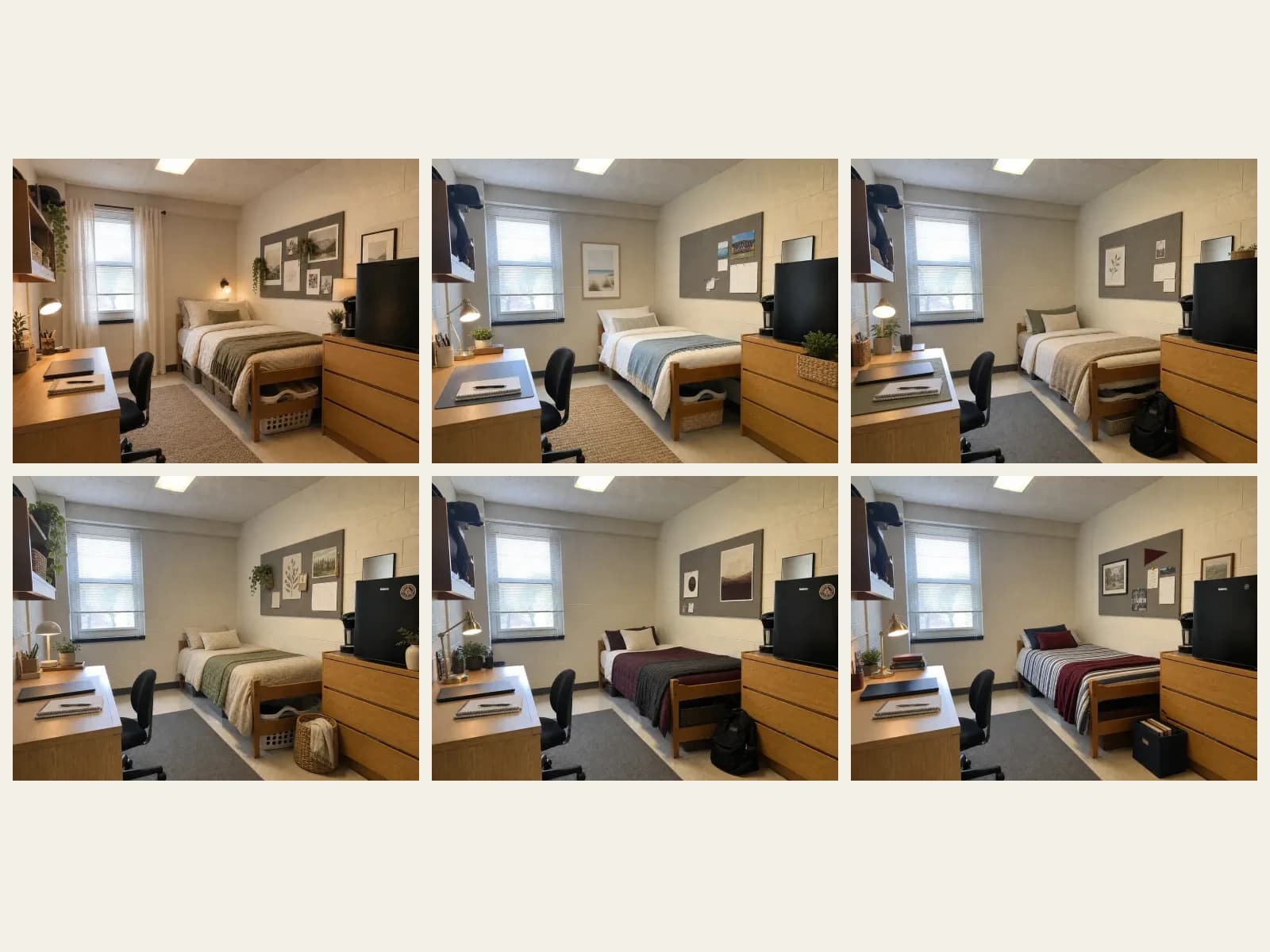 The same small dorm room shown in Modern, Coastal, Japandi, Organic Modern, Moody, and Classic Preppy styles